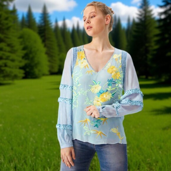 Beautiful TINY Embroidered Boho Blouse – Light Blue, Size L, Made in China - Picture 1 of 12